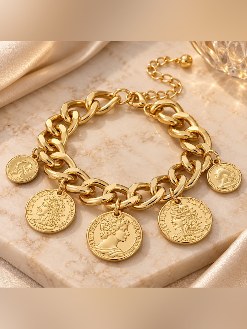 Gold Tone Chunky Coin Charm Bracelet All Metal Statement Chain Jewelry